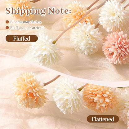 Alupssuc 16PCS Faux Silk Pompon Mums Artificial Flowers with Eucalyptus, Fake Chrysanthemum Floral for DIY Vase Arrangement, Long Stem Dining Table Centerpiece Home Decor, Beige