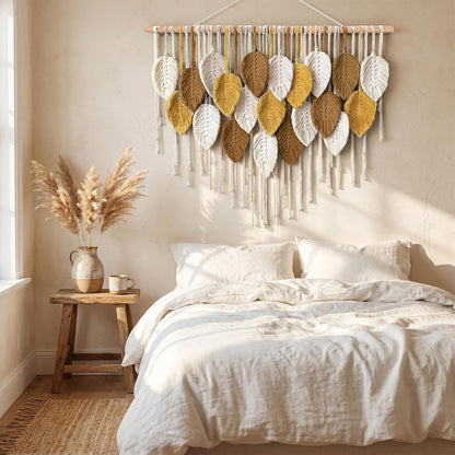 Weldomcor Large Macrame Wall Hanging Boho Home Decor, Handmade Bohemian Woven Leaves Macrame Tapestry Modern Aesthetic Chic Wall Art Decorations for Bedroom Living Room Nursery Office 39" W x 29.5" L
