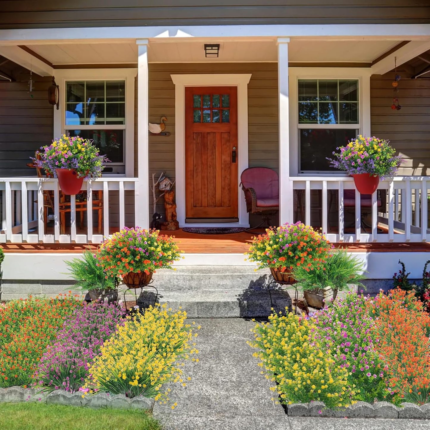 Hananona 12 Pcs Artificial Flowers Outdoor, Faux Artificial Plants UV Resistant Plastic Flower Bulk for Hanging Planter Porch Window Home Wedding Fall Summer Decor (12, Fuchsia, Purple, Yellow, Green)