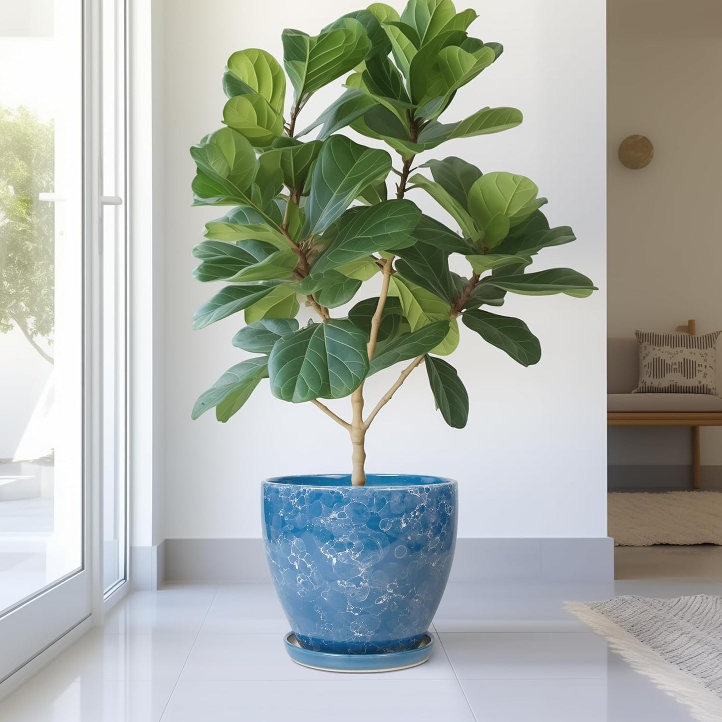 10 Inch Ceramic Planter Pot Round Plant Pot for Indoor Plants Outdoor Large Flower Pot with Drainage Hole and Saucer Blue