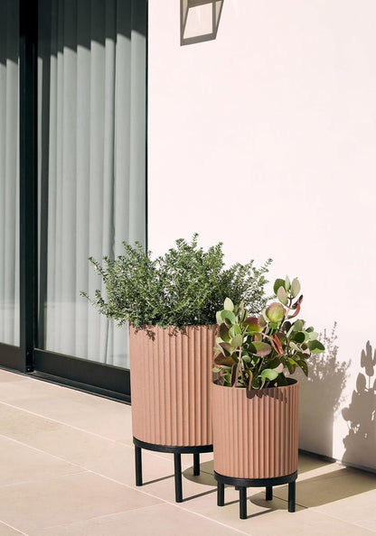 Veradek Demi Series Round Planter w/ Stand for Porch/Patio | Durable Plastic-Concrete & Wooden Stand | Modern Décor for Tall Plants, Flowers