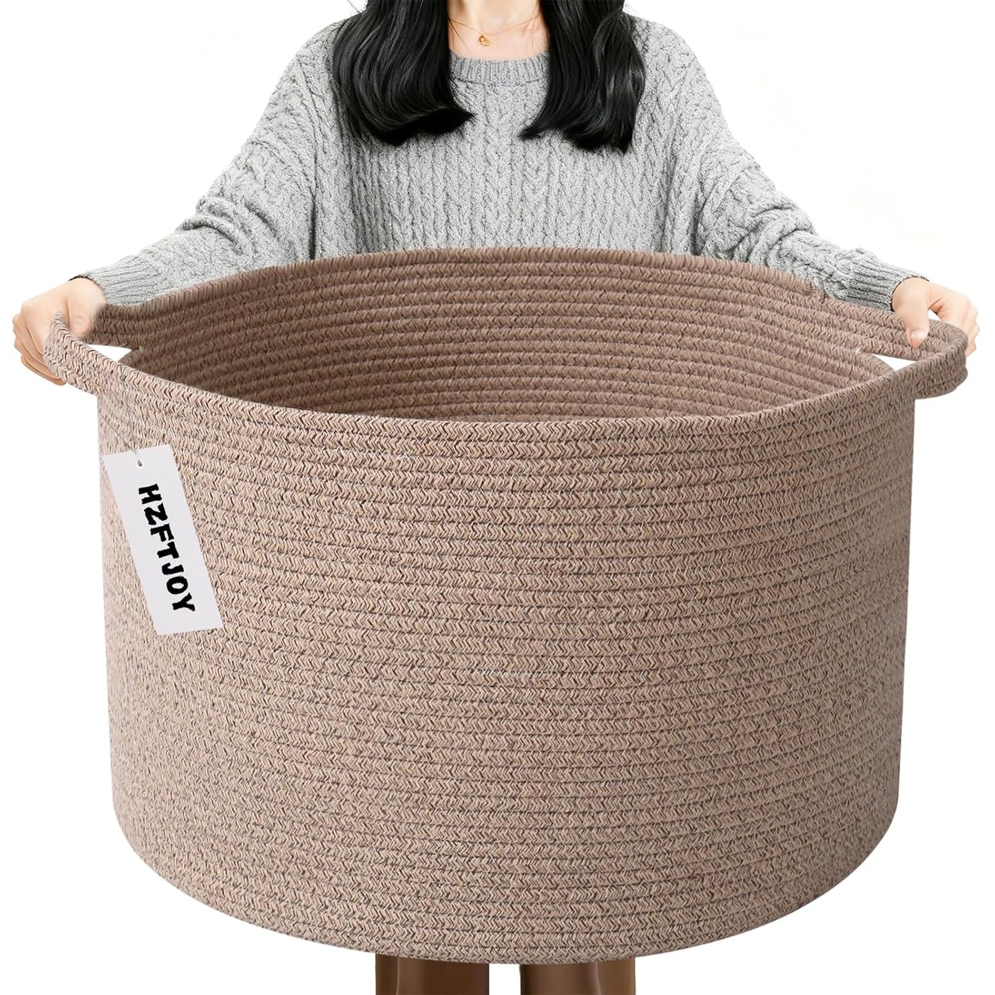 Large Woven Blanket Basket,65L Cotton Rope Laundry Basket Hamper with Handles, Decorative Nursery Basket Storage Bin for Toys, Clothes Organizer, Living Room, Bedroom, Bathroom, White & Brown