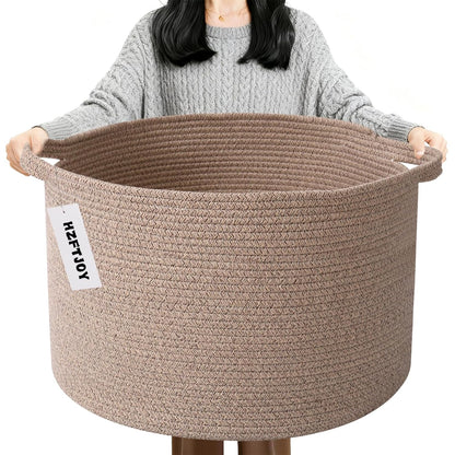 Large Woven Blanket Basket,65L Cotton Rope Laundry Basket Hamper with Handles, Decorative Nursery Basket Storage Bin for Toys, Clothes Organizer, Living Room, Bedroom, Bathroom, White & Brown