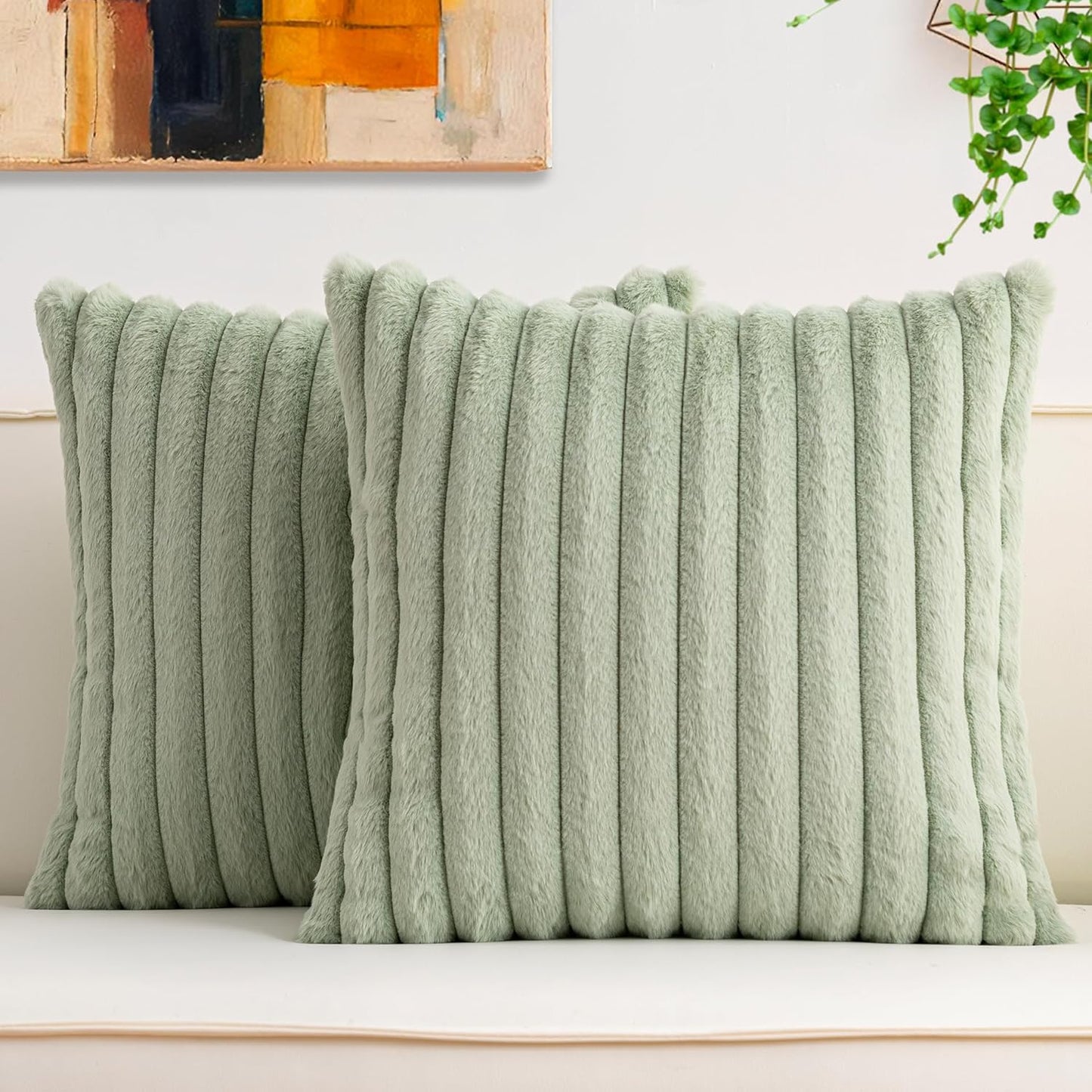 Aegero Pack of 2 Faux Fur Christmas Throw Pillow Covers 18x18 Inch, Soft Plush Striped Neutral Couch Pillow Cover, with Velvet Back Modern Home Decor for Sofa Living Room Couch Bed Cream White