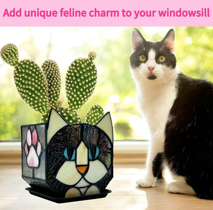 Tiffany Stained Glass Fun Moon Sleeping Cat Planter，Cactus Planter，Cute Planters for Indoor Plants,Decorative Flower Pots As Gifts for Cat Lovers，4.6x3x5.15 in