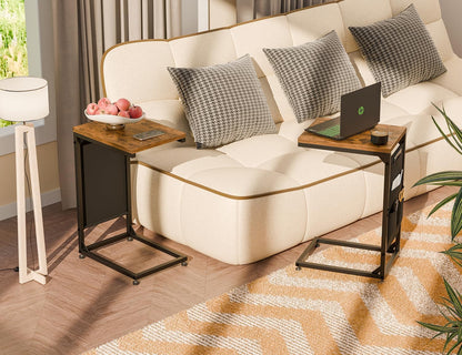 Simple Trending C Shaped End Table, TV Tray for Couch, Small Side Table with Metal Frame, for Living Room Bedroom, Rustic Brown