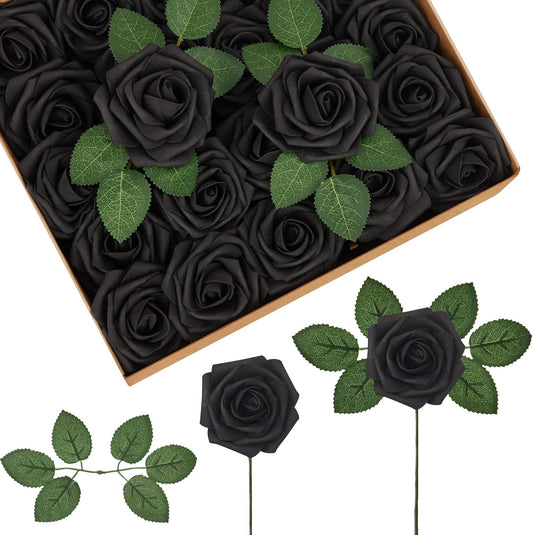 InnoGear Artificial Flowers, 50 Pcs Dark Red Foam Fake Roses Bulk with Stems for Mother's Gift Decoration Celebration DIY Wedding Bouquets Centerpieces Bridal Shower Party Christmas Tree