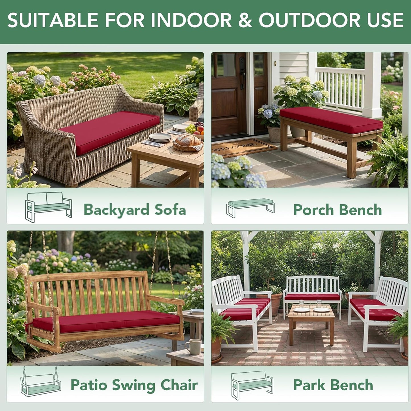 Summsun Outdoor Bench Cushion: Waterproof and Fade Resistant Patio Furniture Cushions - Non-Slip Bench Pad Cushion with Removable Cover for Garden Swing Porch Sofa Settee, 48 x 18 x 3 Inch, Black