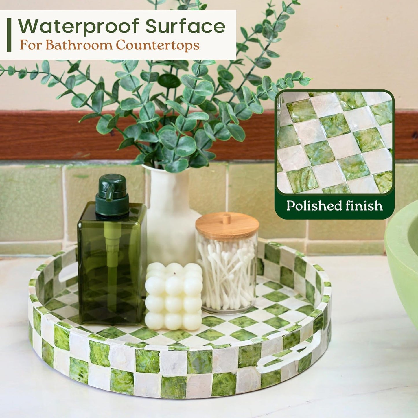 CHI AN HOME 15.8" x 11.8" Decorative Rectangular Tray with Natural Capiz Shells, Checkered Tray with Handles, Serving Tray for Ottoman, Coffee Table, Kitchen Counter Home Decor (Pistachio Green)