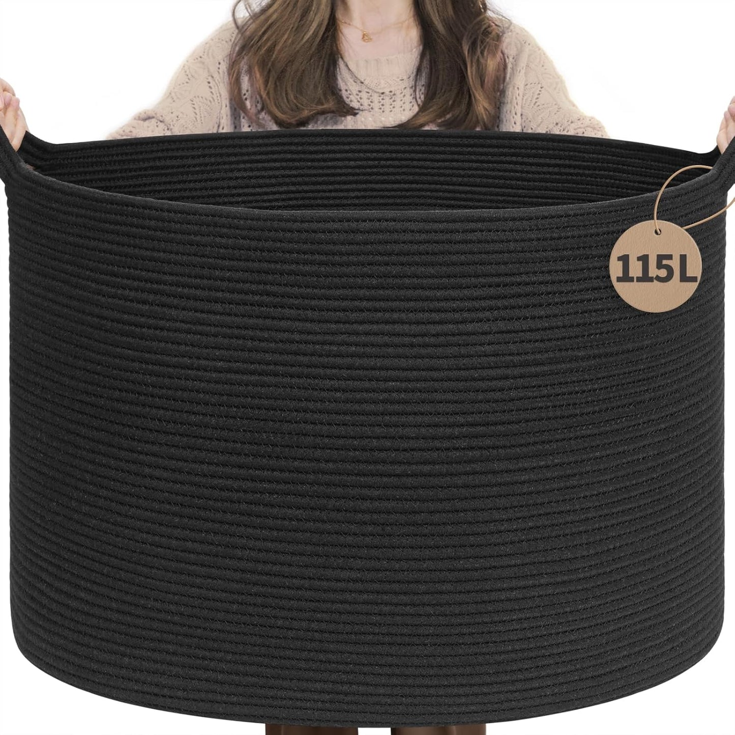 INDRESSME XXXLarge Blanket Basket for Living Room 21.7" x 21.7" x 13.8"-Storage Basket with Handle for Organizing Toy Pillows Woven Cotton Rope Laundry Basket Stuffed Animal Toy Storage for Play Room