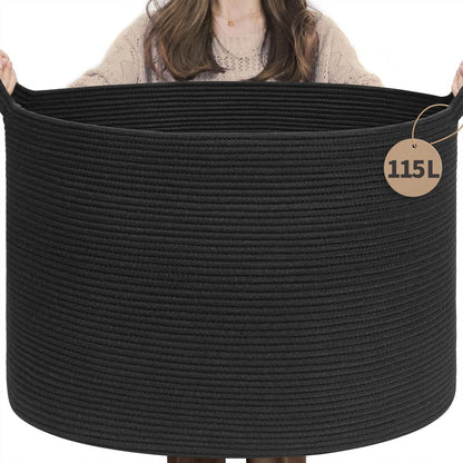 INDRESSME XXXLarge Blanket Basket for Living Room 21.7" x 21.7" x 13.8"-Storage Basket with Handle for Organizing Toy Pillows Woven Cotton Rope Laundry Basket Stuffed Animal Toy Storage for Play Room