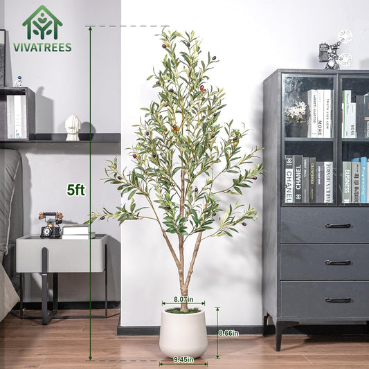 VIVATREES Olive Trees Artificial Indoor, 6FT Tall Faux Olive Tree with White Tall Planter, Artificial Plants with Natural Wood Trunk and Lifelike Fruits for Home Office Decor