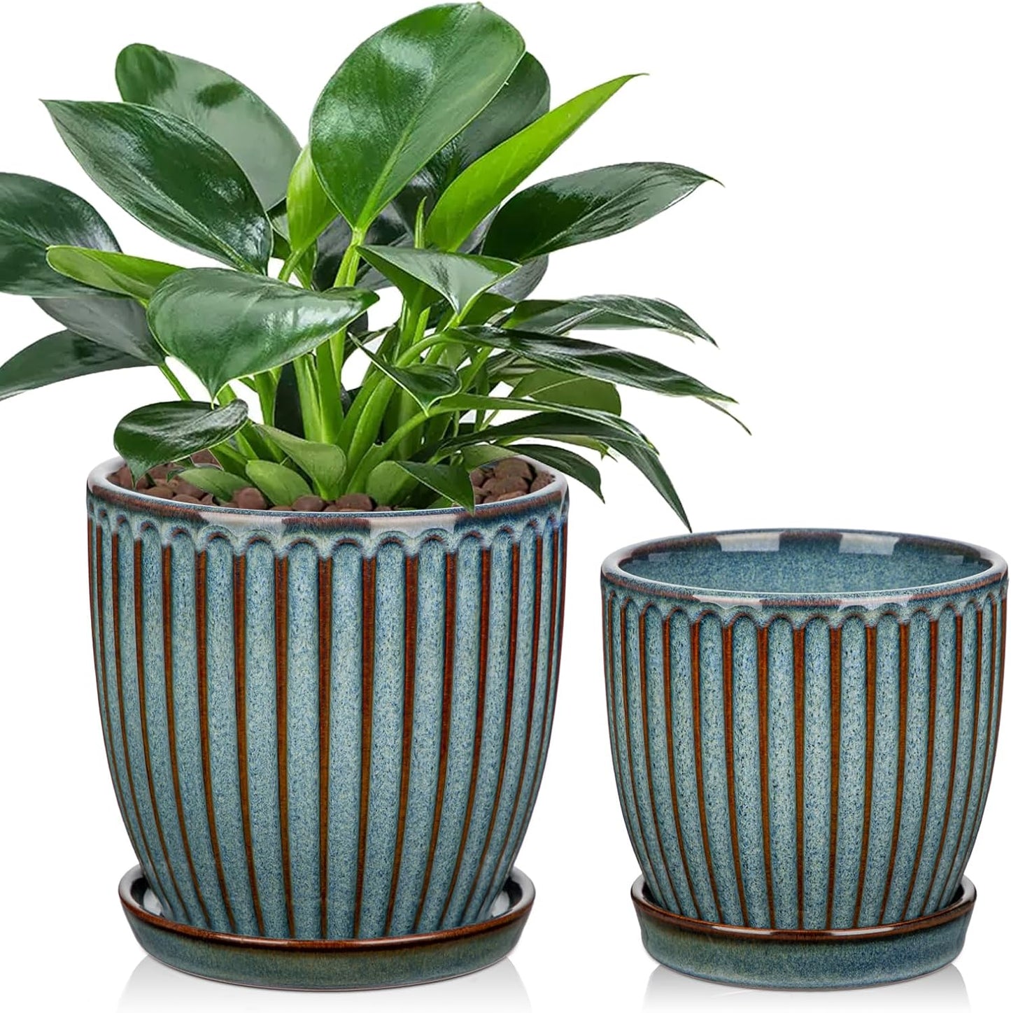 Oairse Ceramic Pots for Indoor Plants, 4.9 +5.7 inch Set of 2 Brown Plant Pots with Drainage Holes and Saucers Texture Ceramic Planters Indoor Outdoor Flower Planters for Succulent