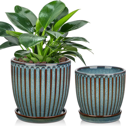 Oairse Ceramic Pots for Indoor Plants, 4.9 +5.7 inch Set of 2 Brown Plant Pots with Drainage Holes and Saucers Texture Ceramic Planters Indoor Outdoor Flower Planters for Succulent