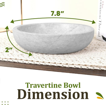 FNTSTICGOODS Travertine Decorative Bowl - 7.8” Diameter & 2” Height - Key Bowl for Entryway Table - Organic Modern Centerpiece - White/Gray