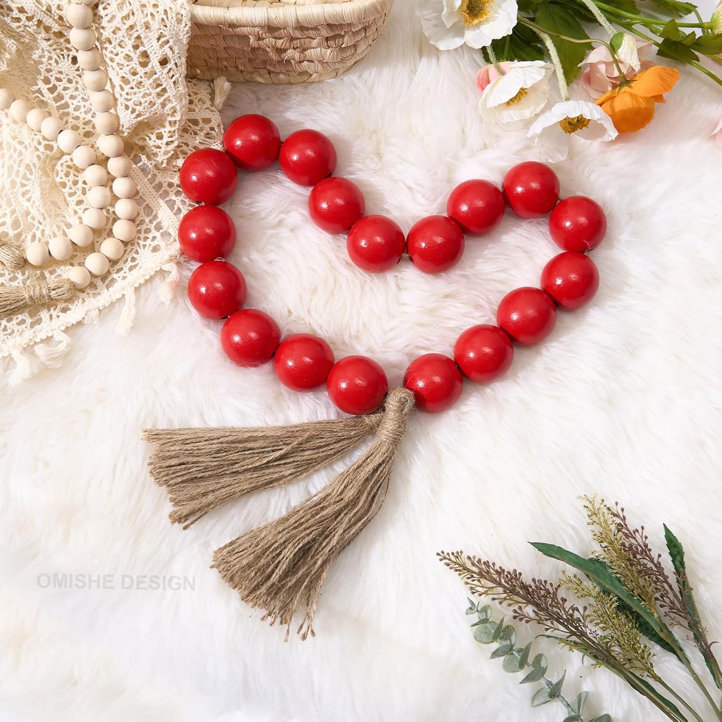 OMISHE Extra Large Wood Bead Garland with 1.6" Diameter Wooden Beads and Tassels, 41" Long Rustic Farmhouse Country Decorative Beads for Home Tiered Tray Decor, Natural Beige