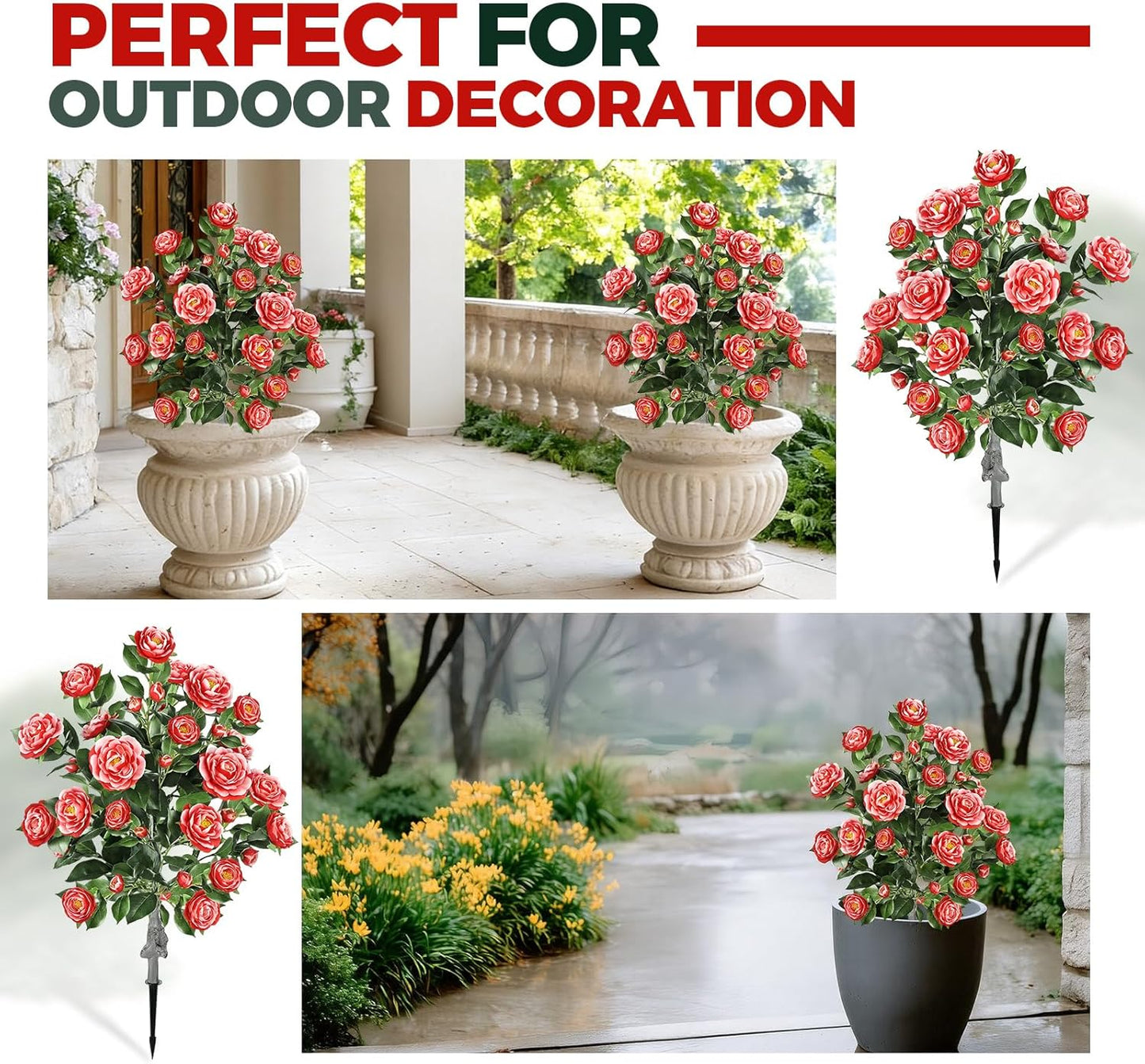 Lunmon 2 Pack 3ft Artificial Camellia Plants Tree 36" Faux Camellia Flower with Spike UV Resistant Realistic Fake Floral Blooming Bush for Indoor Outdoor Front Door Porch Backyard Garden, Purple