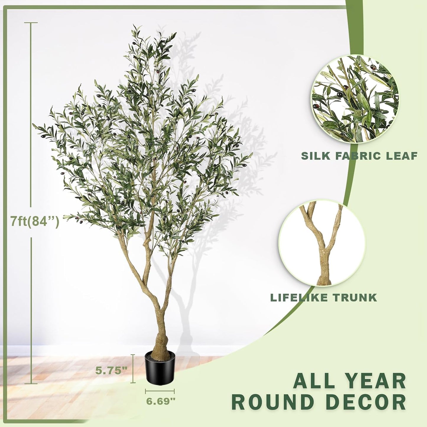 LYERSE Olive Trees Artificial Indoor - Faux Olive Tree 7ft with Large Olive Branches and Lifelike Fruits - Fake Olive Tree for Modern Home Office House Living Room Decor