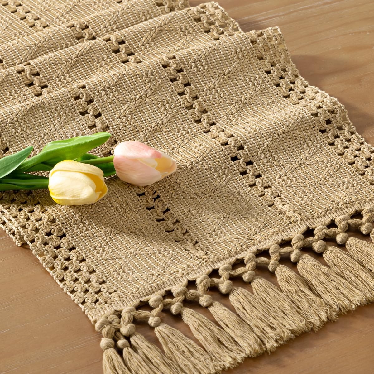 Socomi Boho Table Runner Summer Farmhouse Rustic Dining Kitchen Centerpiece Decor Small Macrame Woven Cotton Linen Coffee Table Runner for Dresser Scarf Home Decor 12x36 inch Beige