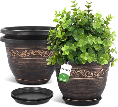 Plastic-Plant-Flower-Planters-8 Inch With Drainage Hole & Saucer, 6 Packs Lightweight Small Resin Flower Pot Indoor Outdoor, Retro Antique Imitation Decorative Garden Containers Sets For Houseplants