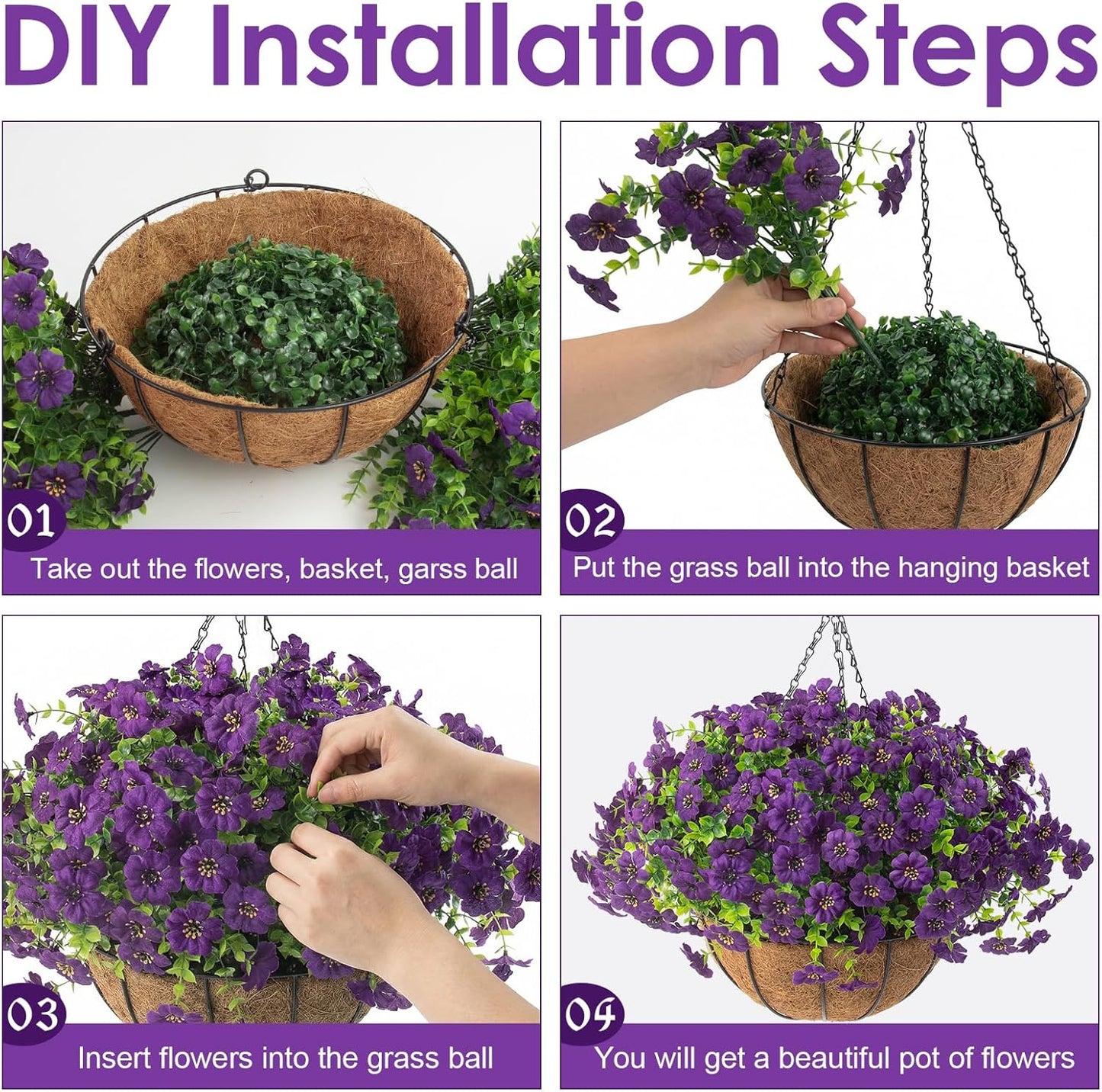 Hananona 2 Set Artificial Outdoor Flowers with Hanging Basket, 2 Hanging Planters with 24 Pcs Flowers for Spring Summer Front Porch Garden Patio Home Decor (2, Red, Purple, Yellow, Rose Red)