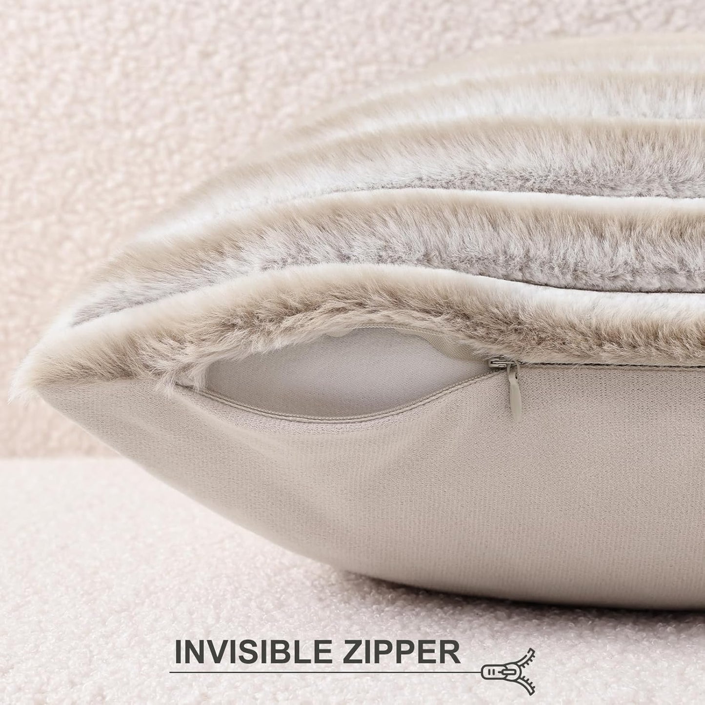 Pallene Faux Fur Plush Throw Pillow Covers 18x18 Set of 2, Luxury Soft Fluffy Striped Decorative Pillow Covers for Sofa, Couch, Living Room, Cream White