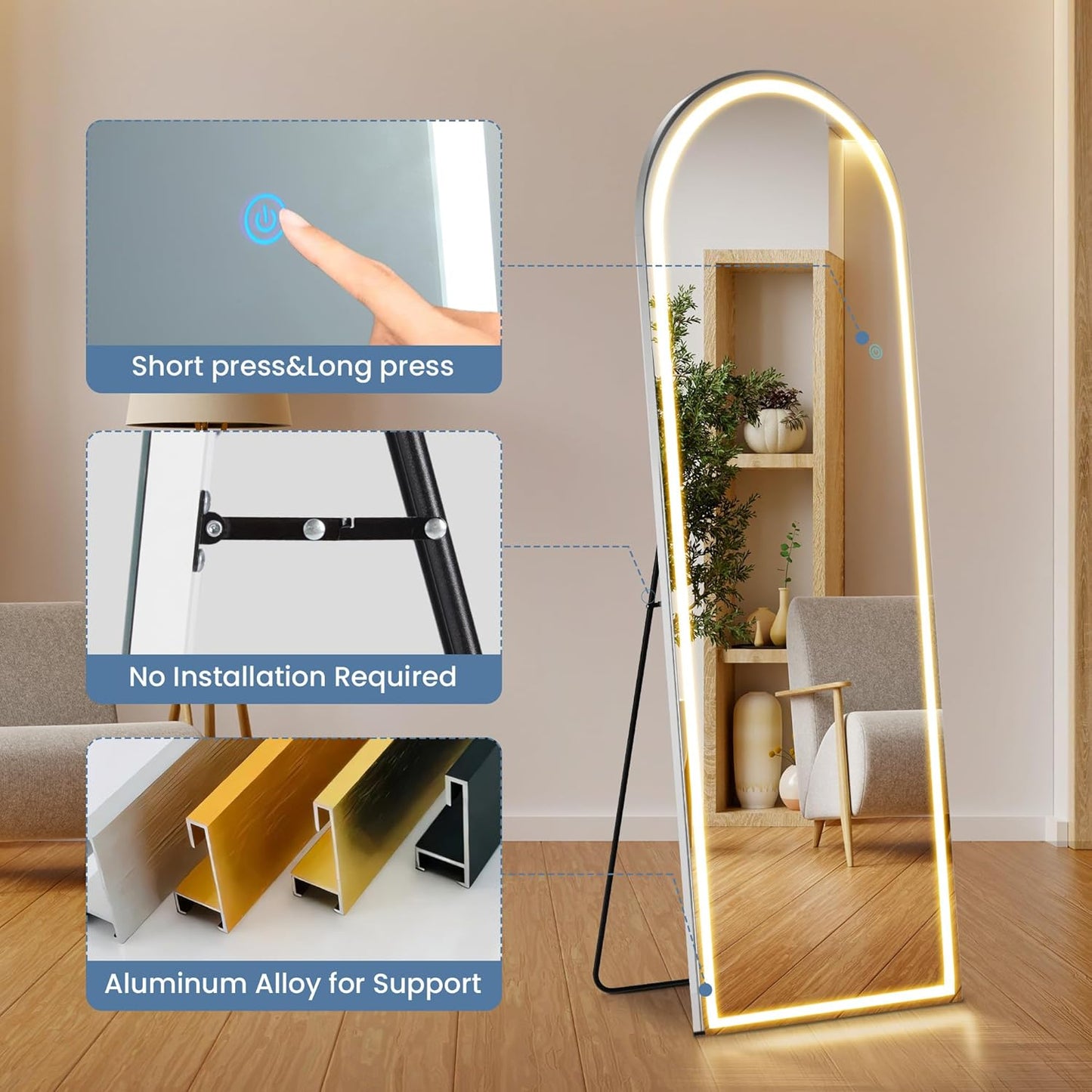 Mirror Full Length, Upgraded Body Wall Mirrors with Shatter-Proof Glass, Floor Standing, Hanging or Leaning, Tall Mirror with Stand Aluminum Alloy Frame for Bedroom
