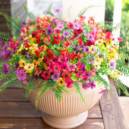 HyeFlora Artificial Flowers for Outdoor Indoor Garden Home Decoration, Faux Flower Daisy with Eucalyptus Leaves Fake Plants Greenery Boxwood Porch Patio, 12 Bundles (Mix Pink Red Purple Yellow)