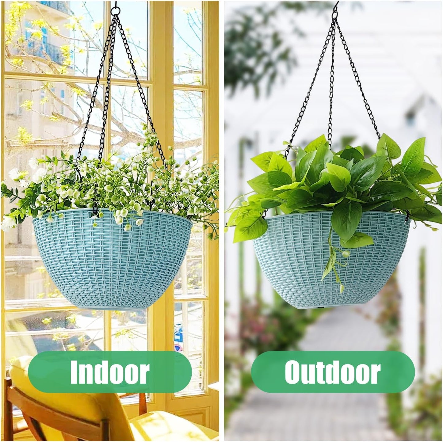 RooTrimmer Hanging Planters for Indoor Outdoor Plants 8 and 10 Inch, 4 Packs Hanging Flower Pot with Drainage Holes, Self-Watering Hanging Basket Perfect for Home, Office and Garden, White