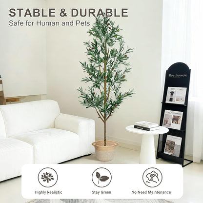 Faux Olive Tree 6ft, Olive Trees Artificial Indoor with Planter and Basket, Tall Fake Tree with Realistic Leaves and Fruits for Home Living Room Bedroom Outdoor Decor