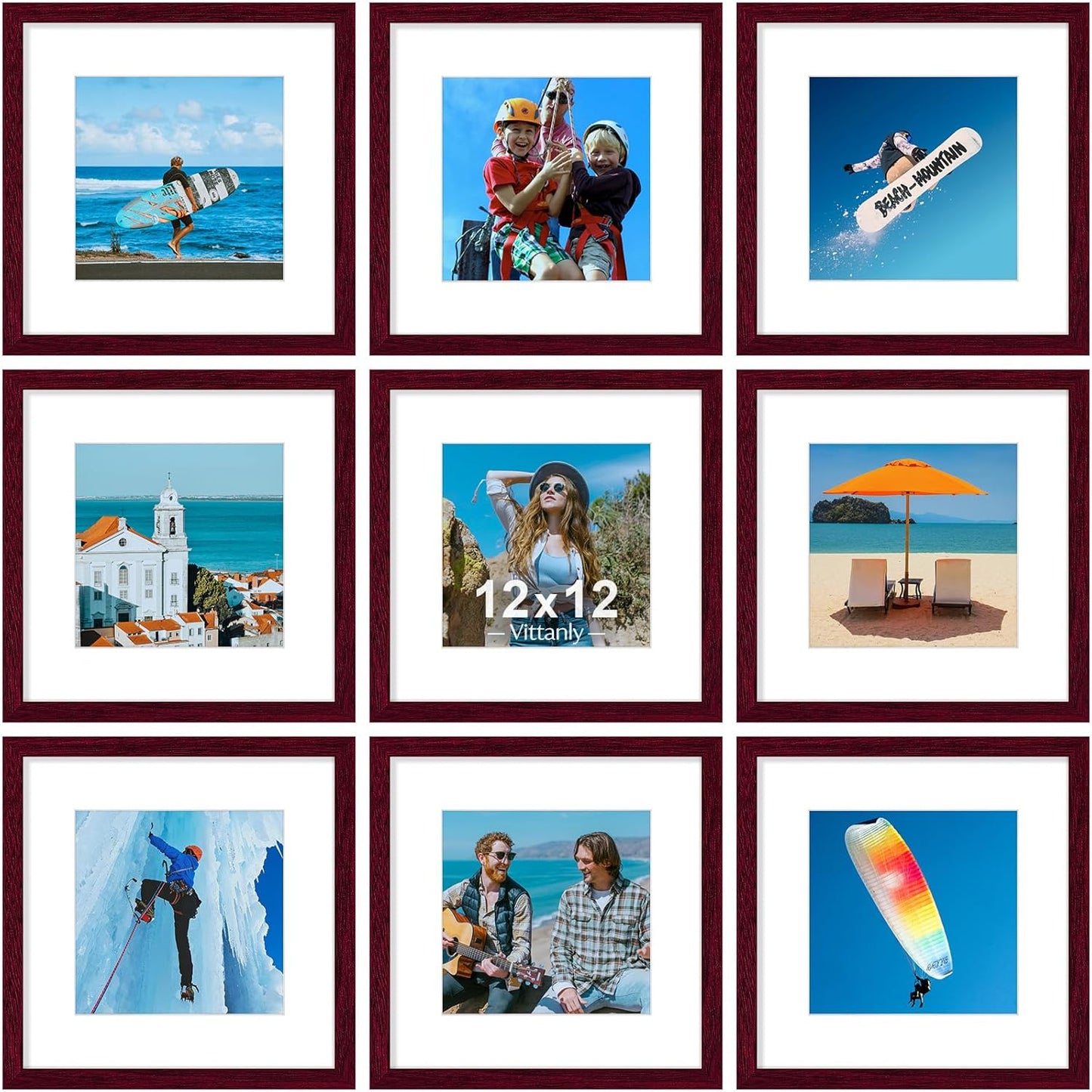 Vittanly 8x10 Picture Frames Set of 9, Shatter Resistant Plexiglass, Display 5x7 Pictures with Mat or 8x10 without Mat, Photo Frames for Wall or Tabletop, Engineered Wood, Black - Colors B