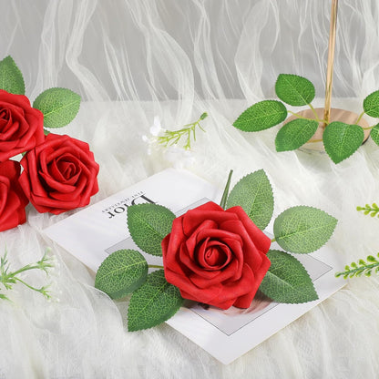 AmyHomie Artificial Flowers Dark Red Rose 25pcs Real Looking Fake Roses w/Stem for DIY Wedding Bouquets Centerpieces Arrangements Party Baby Shower Mothers Day Christmas Tree Decorations
