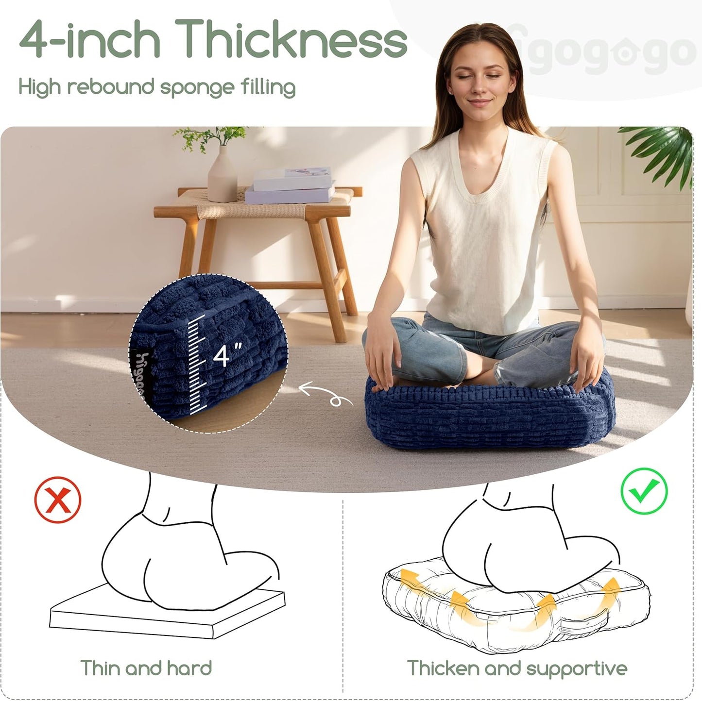 HIGOGOGO Floor Pillow Cushion for Adults, Meditation Cushion Pillow, Blended Corduroy Cover, Large Square Floor Sitting for Tatami Living Room or Yoga, 22x22 Inch, Beige