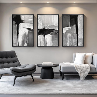 Large Framed Black and White Abstract Wall Art for Living Room, 3 Piece Big Modern Canvas Prints Paintings Artwork for Walls, Minimalist Abstract Art Pictures for Hallway, Office Wall Decor 24x36 In