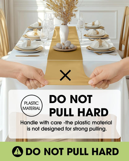 Pureegg Gold Plastic Table Runners - 10 Pack, 14'' x 108'', Water Resistant & Disposable Centerpiece Decorations for Table Cloth, Wedding, Birthday, Holiday, Baby Shower, Party, Home Decor