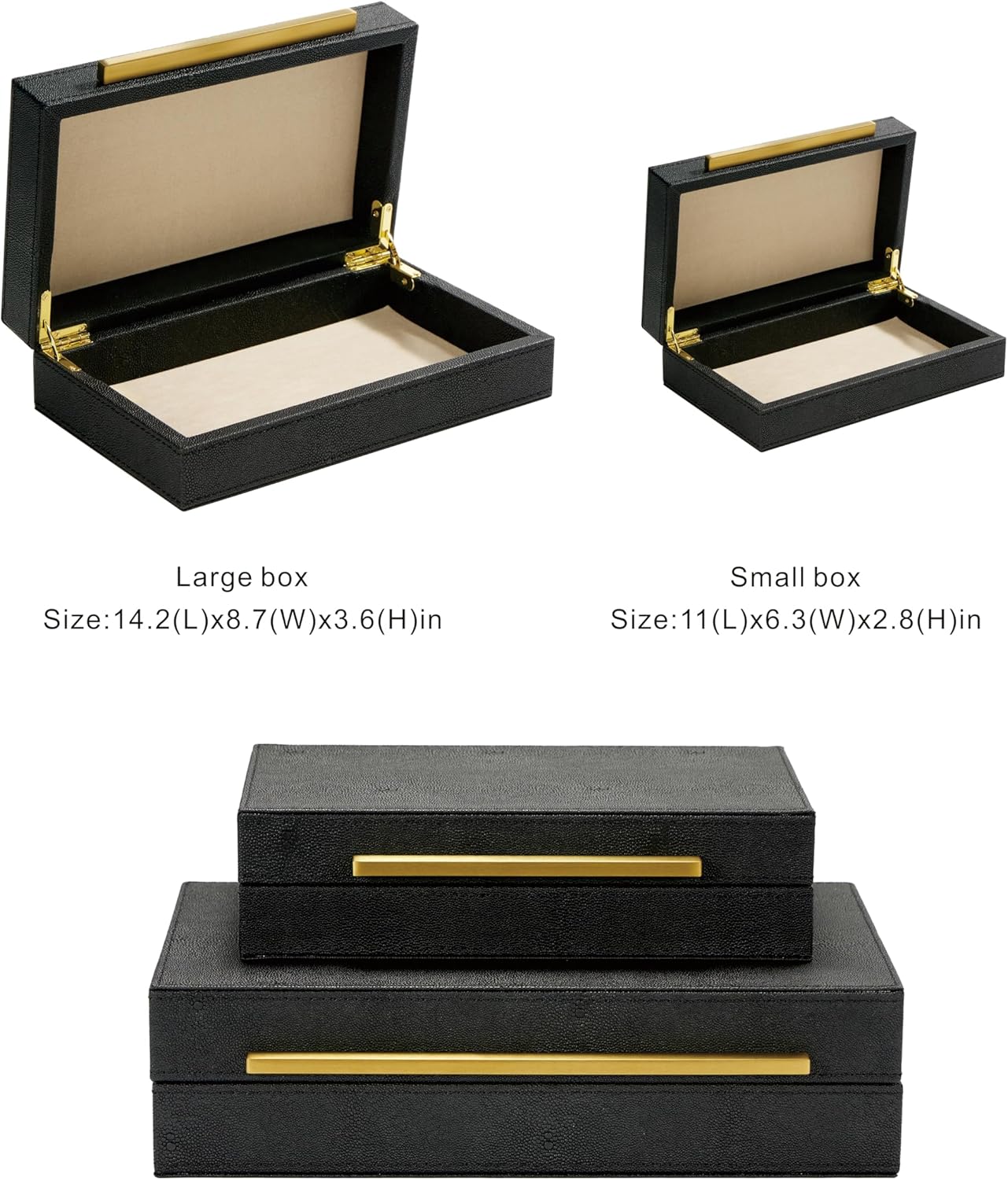 Sagala Set of 2 Ivory Shagreen Decorative Boxes With Brushed Gold Metal Handles, Faux Leather Jewelry Boxes Modern Storages Photo Memory Boxes Home Organizer Boxes (Ivory-Gold, 2pack)