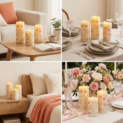 Eywamage Fiber Optic Flameless Pillar Candles with Remote Set of 3, Butterfly Floral Spring LED Candles Battery Operated Gift Φ 3" H 6"