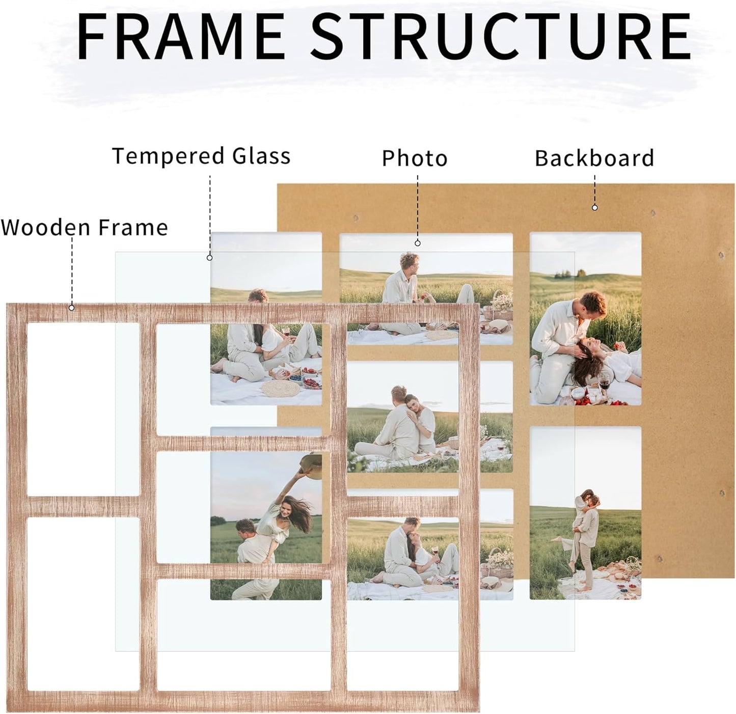 YESKAY 4x6 Picture Frame Collage for Wall Decor, Multiple Photo Collage Frames with Tempered Glass, 7-Opening for 4 x 6 Picture Frames, Rustic Brown, 1 Pack