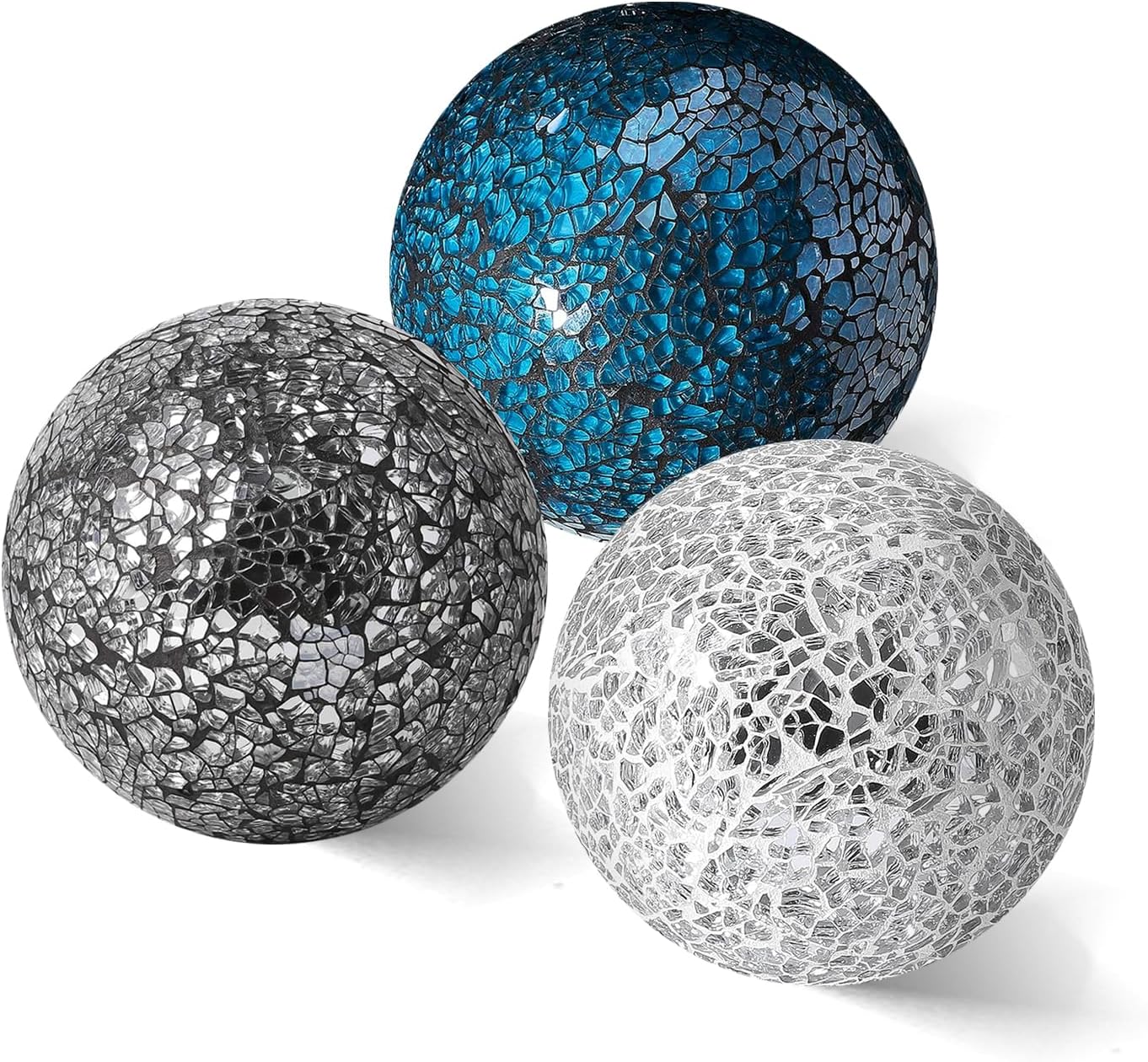 4in Decorative Mosaic Sphere Orbs Set of 3, Glass Balls for Whole Housewares,Wedding/Birthday,Bowls,Vases Dining Table Centerpieces(Silver,Black,Blue)