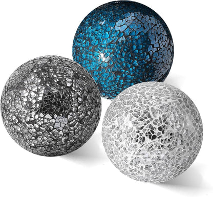 4in Decorative Mosaic Sphere Orbs Set of 3, Glass Balls for Whole Housewares,Wedding/Birthday,Bowls,Vases Dining Table Centerpieces(Silver,Black,Blue)