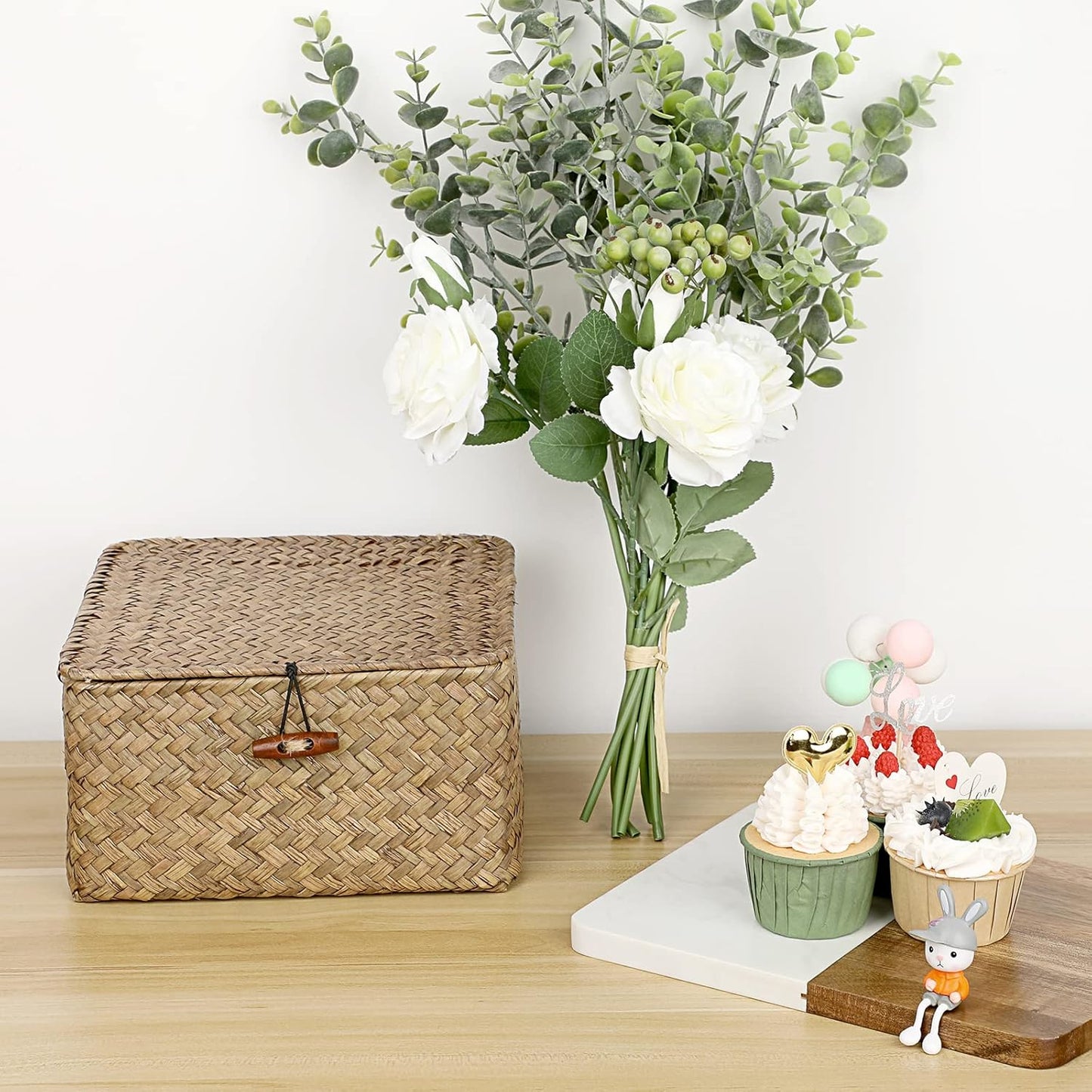 Hipiwe Seagrass Basket with Lid Wicker Storage Basket Square Handwoven Decorative Baskets Box for Shelf Multipurpose Household Baskets Home Decor,X-small