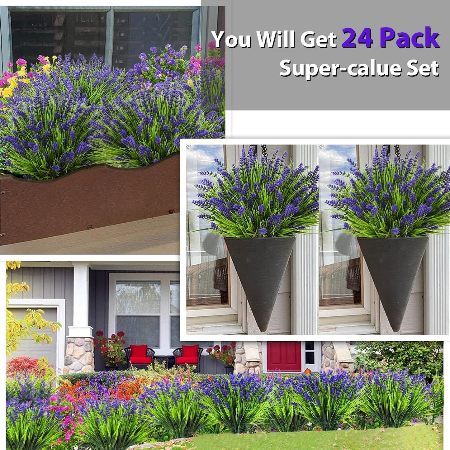 20 Bundles Artificial Plants Outdoor, UV Resistant Fake Flowers， Realistic Faux Lavender Shrubs for Porch Garden Window Box Home Decoration (Purple)