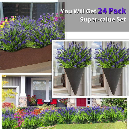 20 Bundles Artificial Plants Outdoor, UV Resistant Fake Flowers， Realistic Faux Lavender Shrubs for Porch Garden Window Box Home Decoration (Purple)