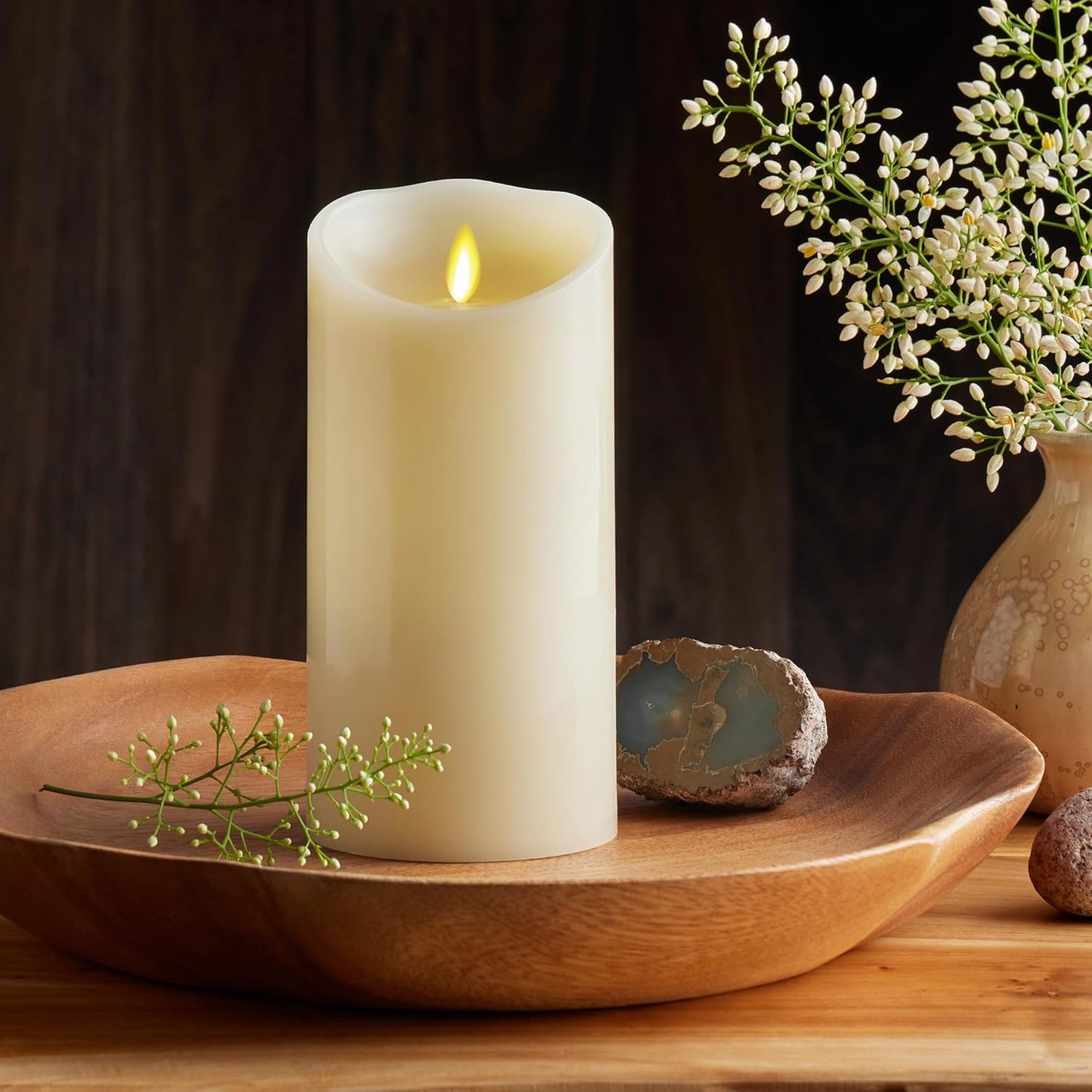Luminara Scalloped Edge Flameless LED Candle - Ivory 3.5" x 8.75" - Real Wax Pillar Battery Operated Moving Flame w/Timer Unscented 1000Hr Runtime