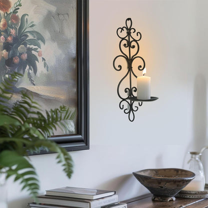 Metal Wall Candle Sconce Holder Set of 2 Hanging Wall Mounted Candle Sconces Holder, Wall Sconces Decor for Bedroom Dining Room, Black 10inch×6inch