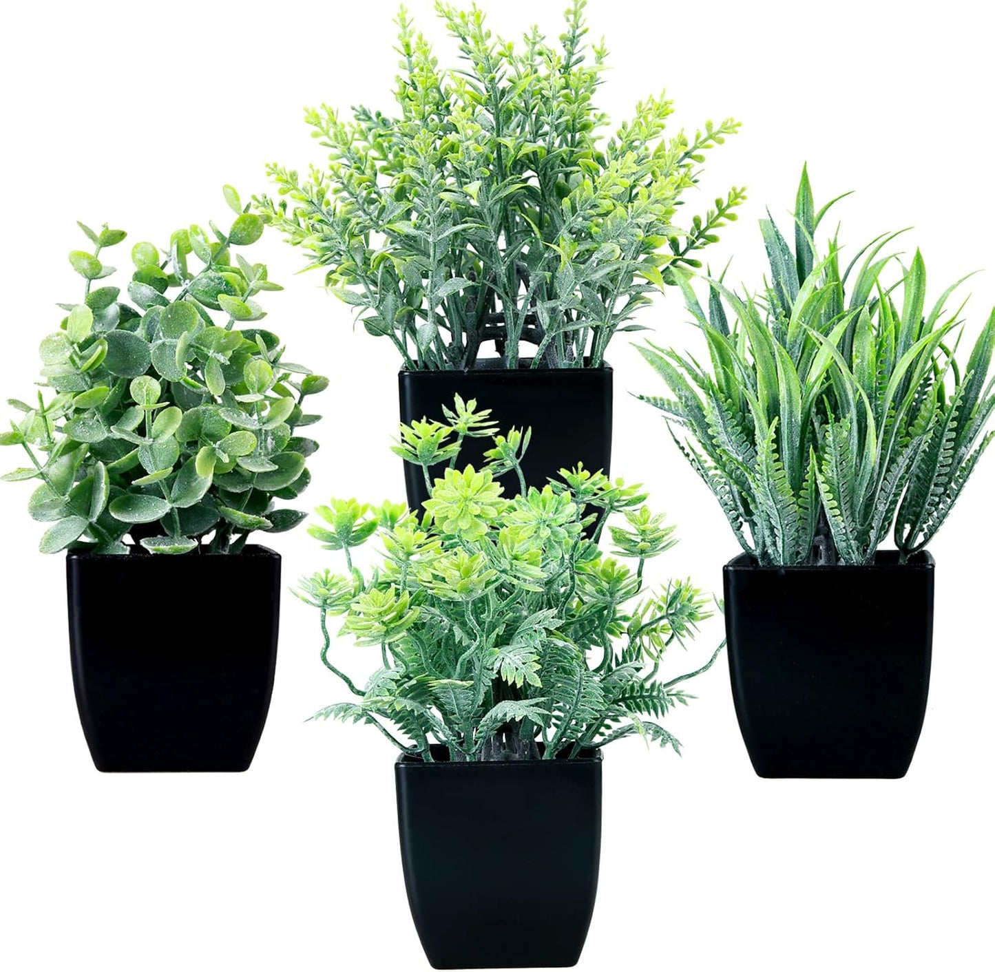 GREENTIME 4 Pack Fake Plants in Black Pot Mini Artificial Eucalyptus Potted Plant Small Faux Grass Greenery Potted for Indoor Home Office Farmhouse Bathroom Table Decoration