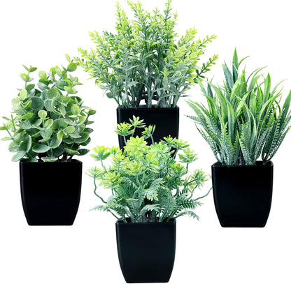 GREENTIME 4 Pack Fake Plants in Black Pot Mini Artificial Eucalyptus Potted Plant Small Faux Grass Greenery Potted for Indoor Home Office Farmhouse Bathroom Table Decoration