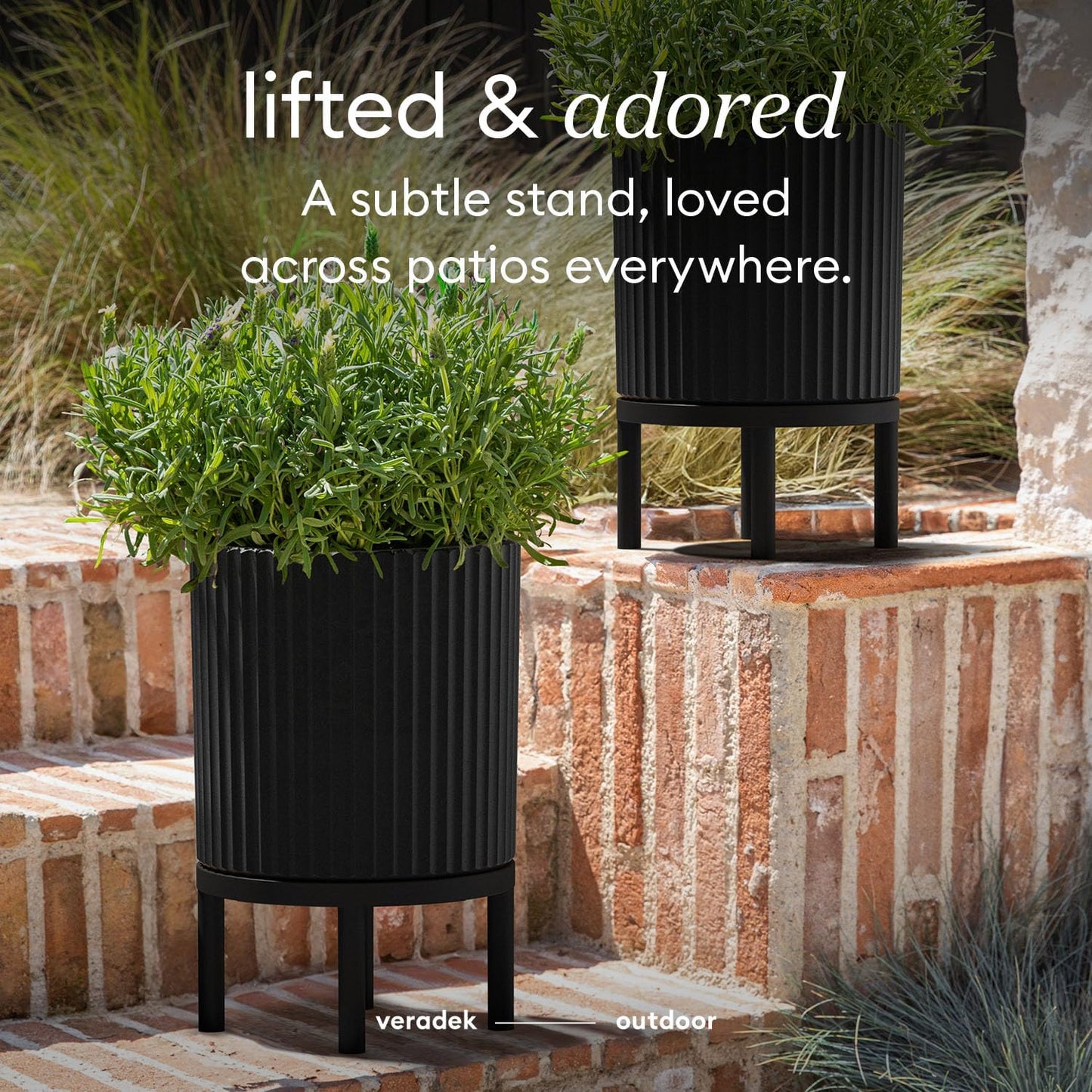 Veradek Demi Series Round Planter w/ Stand for Porch/Patio | Durable Plastic-Concrete & Wooden Stand | Modern Décor for Tall Plants, Flowers