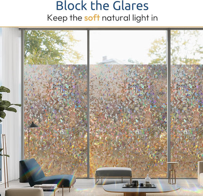 rabbitgoo Window Privacy Film Rainbow Film Decorative Window Sticker, 3D Static Stained Glass Cling Tint for Home Heat Control Non-Adhesive, 17.5 x 78.7 inches