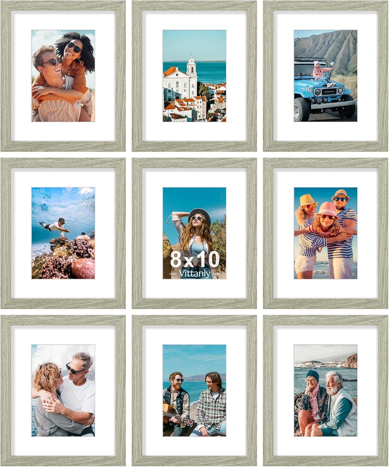Vittanly 8x10 Picture Frames Set of 9, Shatter Resistant Plexiglass, Display 5x7 Pictures with Mat or 8x10 without Mat, Photo Frames for Wall or Tabletop, Engineered Wood, Black - Colors B